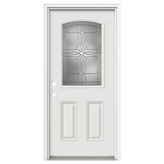 a white door with frosted glass on the top and side panels, in front of a