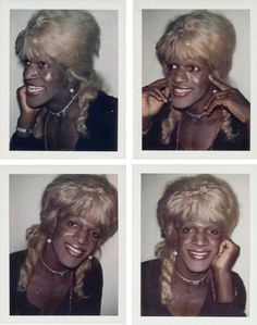 four different pictures of a woman with blonde hair and makeup on her face, smiling at the camera