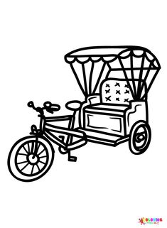 a black and white drawing of a bike with a cart attached to the front wheel