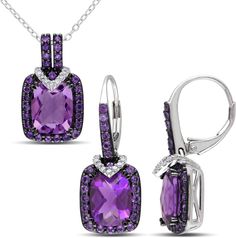 Ice Sofia B 7 6/7 CT TW Amethyst and Diamond Silver Halo Necklace and Dangle Earrings Set                                                                                                                                                                                 More Dress Boutiques, Halo Necklace, Diamond Drop Earrings, Earrings Set, Gemstone Earrings, Online Jewelry, Amazing Jewelry