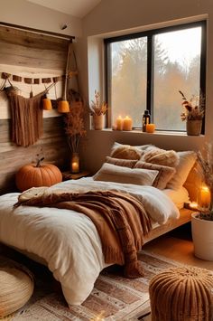 a bedroom decorated with candles and pumpkins in the window, along with a large bed