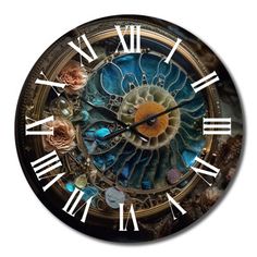 a clock that is on the side of a wall with flowers and shells around it