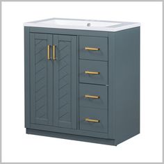 a gray bathroom vanity with gold handles and drawers