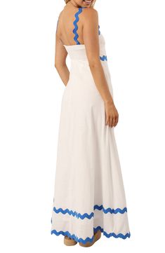 A vivid rickrack design emboldens this crisp cotton maxi designed with a smocked back for easy movement. Hidden side-zip closure Square neck Sleeveless Lined 100% cotton Hand wash, line dry Imported Linen Maxi Dress With Smocked Back And Fitted Style, Fitted Linen Maxi Dress With Smocked Back, White Maxi Dress With Smocked Back For Daywear, White Maxi Dress With Smocked Back, Sleeveless Cotton Maxi Dress With Lining, White Cotton Halter Neck Maxi Dress, Summer Linen Maxi Dress With Smocked Back, Linen Maxi Dress With Smocked Back For Daywear, White Linen Dress With Smocked Bodice