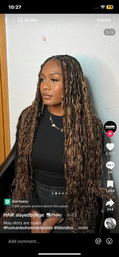 Brown Highlight Box Braids, Color 1 Braids, Cute Simple Birthday Hairstyles, Medium Goddess Braids With Color, Boho Knotless Braids Fall Colors, Boho Box Braids With Highlights, Colour 12 Braids, 2t1b/30 Braids, Blonde Brown Boho Braids