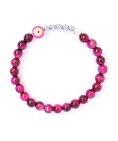 Ojo Bracelet Hot Pink Tiger Eye - Silver 1 Pink Evil Eye Spiritual Jewelry, Pink Spiritual Evil Eye Jewelry, Pink Spiritual Jewelry With Evil Eye, Pink Beaded Evil Eye Bracelet, Pink Beaded Evil Eye Bracelet With Round Beads, Pink Beaded Bracelets With Evil Eye, Pink Evil Eye Round Beads Bracelets, Pink Beaded Bracelet With Evil Eye, Pink Bracelets With Evil Eye Round Beads