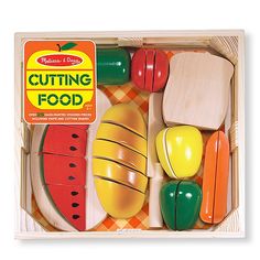 a wooden cutting food set in a box