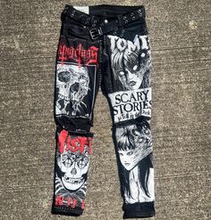 MESSAGE ME WHAT SIZE YOU WOULD LIKE These pants are decorated with hand sewn patches Takes about 2-3 weeks to make these Because each item is hand made, variation will occur. I DO CUSTOMS!  If you would like a customized design Message me! If you like horror, skulls, junji ito, or the misfits these are the pants for you  #junjiito #crustpants #citymorgue #patchpants #punkpants Edgy Patchwork Cotton Bottoms, Straight Leg Bottoms With Patches For Streetwear, Edgy Fitted Patchwork Bottoms, Cotton Straight Leg Bottoms With Patches, Graphic Print Cotton Bottoms For Alternative Fashion, Festival Cotton Bottoms With Patches, Fitted Straight Leg Bottoms With Patches, Misfits Patch, Crust Pants