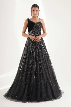 Black attached cancan padded gown with gradient embroidery with beads, nalki, pearl, stone, sequin and cutdana. - Aza Fashions Gradient Embroidery, Asymmetric Gown, Embroidered Beads, Embroidery With Beads, Diana Penty, Gown For Women, Embroidered Velvet, Gown Pattern, Velvet Gown