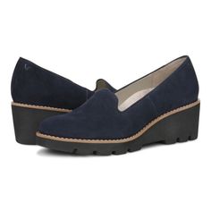 Comfortable Leather Slip-on Wedge Sandals, Comfortable Slip-on Wedge Sandals With Ortholite Insole, Blue Slip-on Wedge Sandals, Comfortable Slip-on Wedge Sandals With Woven Sole, Black Slip-on Wedge Sandals With Textured Sole, Vionic Shoes, Dad Sneakers, Suede Wedges, Sole Shoes