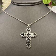 "Vintage Open Design Sterling Cross Pendant Necklace Sterling Cross Pendant Marked 925 Measures 1-5/8\"L X1-1/8\" Across ~ Chain Measures 24''Long Mark 925 at Clasp~ Weight 11 Grams   Pre-owned ~In Good Condition `Thank you for Looking :)" Classic Silver Crucifix Necklace, Antique Silver Sterling Silver Cross Necklace, Antique Silver Sterling Silver Cross Pendant Necklace, Antique Silver Cross Necklace In Sterling Silver, Sterling Silver Crucifix Necklace With Silver Chain, Vintage Sterling Silver Cross Necklace Gift, Antique Silver Nickel-free Cross Pendant Necklace, Vintage Sterling Silver Crucifix Jewelry, Nickel Free Antique Silver Cross Pendant Necklace