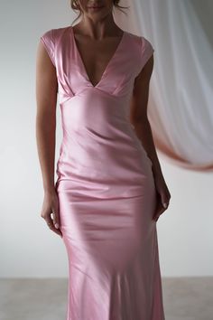 Nellie Soft Satin Midaxi Dress | Pink Fancy Short Dresses Prom Satin, Sparkly Pink Bridesmaid Dresses, Fitted Bias Cut Dress For Date Night, Bias Cut Fitted Dress For Date Night, Aesthetic Wedding Guest Outfit, Fitted Slip Dress With Back Opening For Date Night, Fitted Bias Cut Midi Dress For Prom, Fitted V-neck Evening Dress With Ruched Back, Chic Cowl Back Slip Dress For Prom