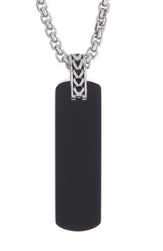 A black onyx bar pendant suspends from a lustrous sterling silver box chain necklace for instantly chic style. 21.5" length 1.25" pendant Lobster clasp .925 sterling silver, onyx Imported Black Sterling Silver Necklace, Classic Black Box Chain Necklace, Formal Black Engraved Necklace, Black Necklace With Adjustable Chain And Rectangular Pendant, Black Engraved Rectangular Pendant Necklaces, Black Engraved Rectangular Pendant Necklace, Black Engraved Rectangular Pendant Jewelry, Black Dog Tag Jewelry For Gifts, Black Sterling Silver Box Chain Jewelry