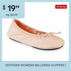 You�ll love the chic details of these Isotoner women�s ballerina slippers when you want to slip on a pair of cozy flats for lounging at home. Made from a recycled blend with a satin finish, these round-toe flat shoes have a quilted insole with memory foam cushioning and also come adorned with a tie on the front. Wear them with your favorite pair of sweatpants or jeans and a hoodie.Features: Memory FoamBase Material: 88% Recycled Polyester, 12% SpandexUpper/Outer Base Material: 100% PolyesterSho… Non-slip Slip-on Flats, Non-slip Ballet Flats With Round Toe, Non-slip Ballet Flats, Comfortable Non-slip Flats, Slippers White, Ballerina Slippers, The Chic, Flat Shoes, Home Made