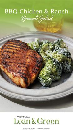 broccoli and chicken on a plate with the words bbq chicken & ranch