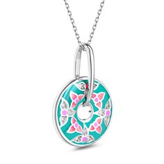 Green and pink, like the colour of summer, is complemented beautifully by the shimmering white stone on this petite yet potent pendant. The sterling silver setting adds a sunshine warmth to the design, which is ideal for adding a pastel pop to your summer stack.Carat Weight: 0.222 ctStone Size: 1.3 mmNumber of Stones: 12 Stone Shape: RoundStone Color: Diamond WhiteWeight: 5.52 gWidth: 20.8 mmHeight: 30.9 mmThickness: 8.2 mmMaterial: 925 SilverStone Type: Jeulia® StonePlating Color: Silver Fine Jewelry Pink Flower Pendant Necklace, Pink Flower Pendant Necklace In Fine Jewelry Style, Pink Flower Pendant Necklace Fine Jewelry, Pink Flower Pendant Jewelry With Charms, Sterling Silver Jewelry With Pink Flower Charm, White Sterling Silver Necklaces With Detachable Pendant, White Sterling Silver Necklace With Detachable Pendant, Pink Necklace With Large Round Pendant, Pink Sterling Silver Round Necklace