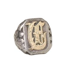 Antique Edwardian Sterling Silver Gold Monogram G Signet Ring Sz 9.5.  Has an old script capital G on the front.  Ring has an Acorn pattern motif on the side.  Not marked.  Ring tests sterling silver, letter tests 10k. Ring is a size 9 1/2, measures 7/8" wide.  Weighs 19.6 grams. Tarnished and worn condition. Old Script, Acorn Pattern, Pattern Motif, Gold Monogram, Signet Ring, Rings Statement, Statement Rings, Silver Gold, Jewelry Rings