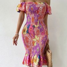 Shein Vcay Floral Print Off Shoulder Shirred Puff Hem Dress, Size L, Brand New With Tags Fitted Multicolor Off-shoulder Summer Dress, Fitted Off-shoulder Multicolor Maxi Dress, Summer Off-shoulder Tropical Print Dress, Summer Tropical Print Off-shoulder Dress, Multicolor Printed Off-shoulder Maxi Dress, Pink Strapless Dress, Pink Satin Dress, Dress With Pleats, Tube Top Dress