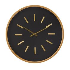 a black clock with gold hands on a white background, showing the time as twelve o'clock