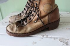 "ruggled vintage leather boots size is faded - I size a 8.5-9? these are completely awesome- rugged to the core! RARE lots of wear love! 10 1/2\"tip to tip (taken from bottom) 4\"ball 6.5\" tall Thank YOU and please feel free to ask me any ?s:) Have a lovely day xoxo www.etsy.com/shop/retroandme" 80s Boots, Boots Costume, Vintage Leather Boots, Rugged Boots, Boots Leather, Vintage Leather, Leather Boots, Hiking Boots, Hiking