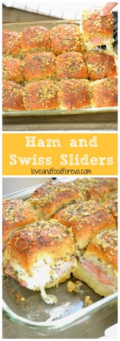 ham and swiss bread casserole is shown in two separate pans, one with the