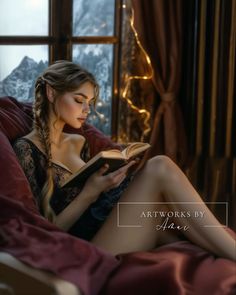 a woman sitting on top of a couch reading a book in front of a window