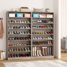 an organized shoe rack in a living room