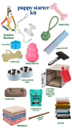 the puppy starter kit is full of supplies for puppies, toys and other things