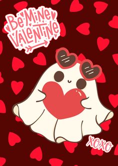 a valentine card with a white bear holding a red heart in it's mouth