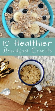 breakfast cereals with bananas, blueberries and oatmeal in a bowl