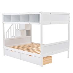 a white bunk bed with drawers underneath it and stairs leading up to the upper level