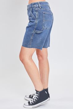 Workwear just got a cute new twist with our Women’s High Rise Denim Carpenter Shorts. This denim short features all of your favorite utility details, such as belt loops, slant front pockets, a hammer loop, and a utility pocket at the side. It has a comfortable feel but a fitted look, because practical can still be cute. Style these jean shorts with a crop top and sneakers for a casual aesthetic, and throw on an oversized plaid button up when temperatures drop for the ultimate grungy vibe. Produc Utility Jean Shorts With Hip Pockets, Utility Jean Shorts With Side Pockets, Denim Cargo Shorts With Side Pockets, Utility Denim Shorts With Pockets, Medium Wash Jeans With Pockets And Short Leg, Utility Shorts With Pockets In Medium Wash, High Rise Utility Bottoms With Built-in Shorts, Denim Utility Cargo Shorts, Utility Denim Cargo Shorts