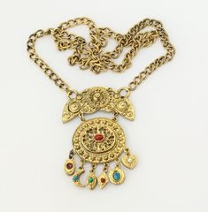 "Although unmarked, I have had GOLDETTE charm and slide bracelets many times. The construction and quality is distinctive and consistent. It is possible it once had a hang tag, but since most people remove those when they don the necklace, it is gone. All the charms have their colorful center stones. The necklace hangs from 24\" of chain (12\" ea. side) and the pendant drops another 3\" and is 2 1/8\" wide. No wear in finish showing anywhere, it is in excellent condition. Chunky statement that w Hippie Style 70s, Star And Moon Necklace, Slide Bracelet, Constellation Necklace, Brass Charms, Yellow Gold Engagement Rings, Crystal Necklace Pendant, Dangle Charms, Adjustable Necklace