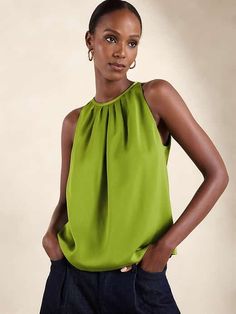 Shirred-Neck Blouse | Banana Republic Factory Green Satin Top For Workwear, Green Satin Top For Work, Chic Party Tops With Gathered Neckline, Satin Sleeveless Blouse For Work, Sleeveless Satin Blouse For Work, Green Sleeveless Blouse For Workwear, Chic Green Silk Top, Spring Top With Gathered Neckline, Chic Blouse With Gathered Neckline For Work