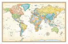 an old world map with all the countries and major cities on it's sides