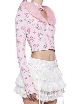 Sugar Thrillz Floral Print Faux Fur Collar Cropped Cardigan - Pink – Dolls Kill Small Cardigan, Faux Fur Top, Romantic Fashion, Sugar Thrillz, Pink Doll, Soft Cardigan, Princess Aesthetic, Kawaii Aesthetic, Streetwear Fashion Women