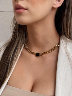 Be unique, edgy, and polished in our Nadia Chunky Chain Necklace that features a black square as the focal point amongst smooth roll of Cuban curb chain. 18K Gold Plating on Stainless Steel. Waterproof. About 15 1/2 in. + 2 in. extension Shop the matching Nadia Ring and Nadia Bracelet to complete the look. LAST CHANCE = FINAL SALE Nadia Ring, Chunky Chain Necklace, Chunky Chain Necklaces, Black Square, Butterfly Earrings, Ear Hook, Curb Chain, Last Chance, Gold Plating