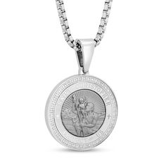 Designed for a man of faith, this St. Christopher medallion pendant is just his style. Stainless steel. The round round pendant features an image of St. Christopher and the inscription ""Protect us."" A row of diamonds encircles the medallion. 1/4 ct. t.w. of diamonds. 24.0-inch box chain; lobster clasp. Round Round, St Christopher, Saint Christopher, Peoples Jewellers, Necklace Clasps, Medallion Necklace, Necklace Charm, Round Pendant, Chain Link Necklace