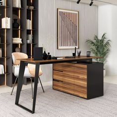 an office with a desk, chair and bookshelf