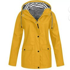 Womens Plus Sz Xxl Yellow With Black White Stripes Hooded Rain Jacket Nwtgs. Thank You! Yellow Raincoat With Pockets For Fall, Yellow Waterproof Raincoat For Fall, Yellow Waterproof Windbreaker For Fall, Casual Yellow Outerwear For Fall, Trendy Yellow Hooded Outerwear, Yellow Hooded Raincoat For Fall, Hooded Yellow Raincoat For Fall, Yellow Long Sleeve Hooded Winter Jacket, Yellow Windbreaker For Rainy Spring Weather