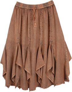 Stonewashed coppered colored western skirt with embroidery with gores at the hem. This rayon skirt has a great fall with an elastic waist and its free-flowing around hips for a comfortable fit. The embroidery is on the front as well as the back. The skirt is a distinct reminder of the old-time western skirts with a hint of the Renaissance. Ideal to wear at work or out in the evening, dress up or down with accessories. The skirt can be worn with a camisole or corset top and goes well with boots. Fall Bohemian Brown Skirt, Bohemian Brown Skirt For Fall, Brown Mini Skirt For Festival, Hippie Skirt For Fall Festivals, Hippie Festival Skirt For Fall, Brown Bottoms For Spring Festival, Bohemian Brown Flared Skirt, Brown Tiered Skirt Bottoms For Fall, Brown Tiered Skirt For Fall