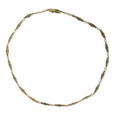 This is part of Chairish’s Fine Jewelry assortment.  A beautiful, elegant, detailed, strong, and well-made choker necklace in 14-karat yellow gold, circa mid to late-20th century. Necklace has beautiful, detailed chain links and detailed bar clasp. A chic vintage piece to wear alone or stack with other necklaces, dress up or down. Very good condition as shown in images. No issues. Marked '14k' on clasp. A true choker necklace measuring: 13.88" long.  Emerald stud earrings (in ear) are also avail Classic Gold Bracelet With Intricate Design, Heirloom Yellow Gold Bracelet With Filigree, Heirloom Yellow Gold Filigree Bracelet, Formal Yellow Gold Bracelet With Filigree, Formal Yellow Gold Filigree Bracelet, Classic Formal Necklace With Intricate Design, Classic Filigree Necklaces For Formal Occasions, Classic Yellow Gold Filigree Bracelet, Classic 14k Gold Bracelet With Intricate Design