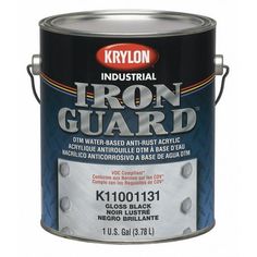 a can of krylon industrial iron guard paint with white interior and exterior coating