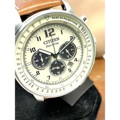 Citizen Men's Watch Ca4500-08x Eco-Drive Chronograph Beige Dial Brown Leather Band $320 (C5179y) Store Demo. Runs Great. In A Good Condition (See Photos)Sold With Box & Booklet Band Is Apx 9.5'' Inches Full Length (Please Make Sure It Is The Right Size For You, No Extra Links) Case Is Apx 44mm (Excluding The Crown) Please Email With Any Questions And Check Out Our Other Items White Business Chronograph Watch, White Chronograph Watch With Subdials For Business, White Leather Chronograph Watch With Analog Display, Business Chronograph Watch With Analog Display, White Leather Chronograph Watch With Chronometer, White Chronograph Watch With Analog Display For Formal Occasions, Formal White Chronograph Watch With Analog Display, White Leather Chronograph Watch For Formal Occasions, Formal White Leather Chronograph Watch