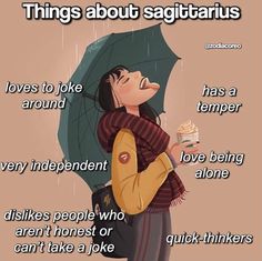 a woman holding an umbrella with the caption saying things about sagitratus