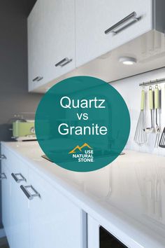 a kitchen counter top with the words quartz vs granite