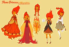 four cartoon girls with red hair and dresses