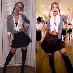 Im A Celeb Costume, Britney School Costume, Brittany Spears School Costume, Britney Spears Baby One More Time Outfit, 90s Iconic Celebrity Looks, N Costume Ideas, Hit Me Baby One More Time Costume, Britney Spears School Outfit, Britney Spears Hit Me Baby One More Time