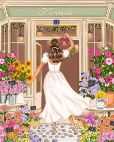 a painting of a woman walking into a flower shop with flowers in front of her