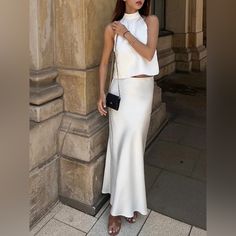 Composition: 97% Polyester, 3% Elastane Design: Halter, Plain Style: Casual, Elegant Thickness: Regular Material: Satin Occasion: Leisure, Vacation White Business Casual, White Silk Skirt, Satin Two Piece Set, White Halter Crop Top, Beach Formal, Halter Vest, White Two Piece, All White Wedding, Fishtail Skirt